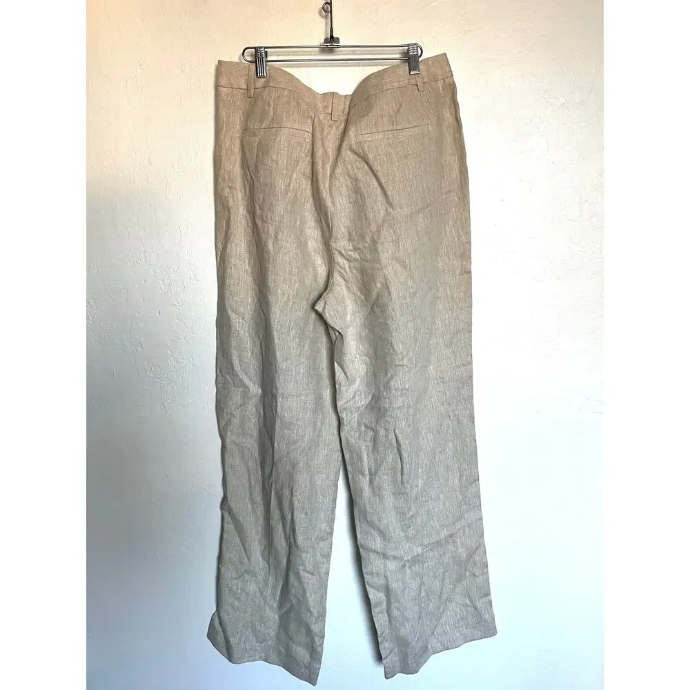 Banana Republic Linen Pants Womens 14 Long Beige Pleated Dress Trouser Slacks
